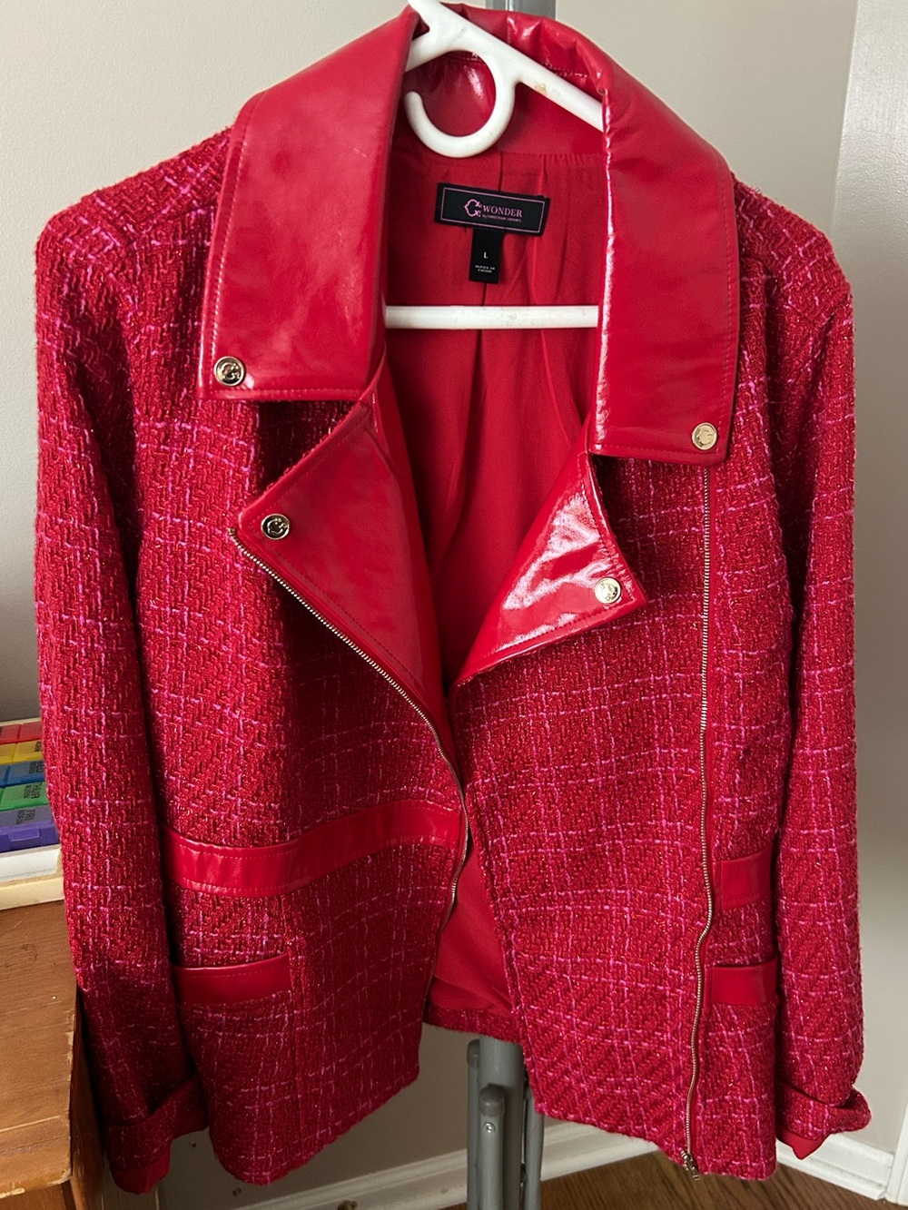 Christian Siriano Red Tweed & Faux Leather Moto Jacket Size Large